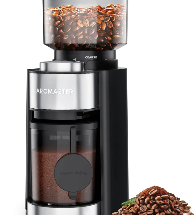 Aromaster Burr Coffee Grinder Coffee Bean Grinder with 25 Grind Setting 2-12 Cups Timer Conical Coffee Grinders for Home Use 3-Ears Portafilter Holder Cleaning Brush Black