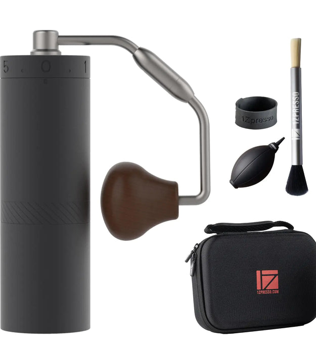 1Zpresso X-Ultra Manual Coffee Grinder-Midnight Black Well-built Sturdy Metal Body Assembly Stainless Steel Burr Numerical External Setting Magnet Catch Cup Faster Grind Efficiency Portable Mil