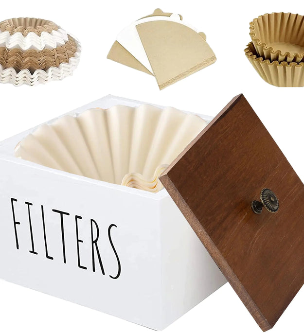 ESEHGS Coffee Filter Holder Wooden Coffee Filter Container Coffee Filter Storage with Lid Rustic Coffee Filter Dispenser Basket for Coffee Bar Decor Farmhouse Coffee Bar Accessories (White)